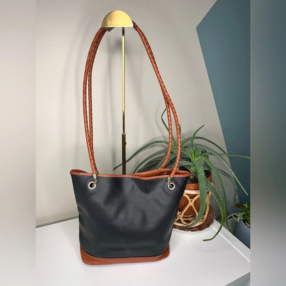 Vintage Bottega Veneta Bucket Bag Black Canvas Cognac Leather Braid Italy Made - Picture 4 of 12